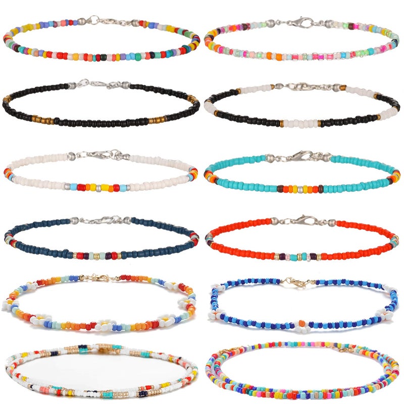 XIJIN 12Pcs Handmade Beaded Anklets for Women Boho Colorful Beads Ankle Bracelets Adjustable Foot Anklet Set - Image 1